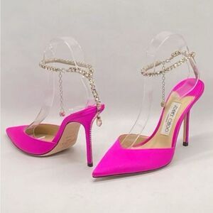 Jimmy Choo Saeda 100mm Satin Crystal Ankle-Strap Pumps size 39